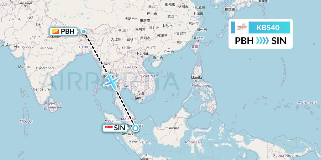 KB540 Druk Air Flight Map: Paro to Singapore
