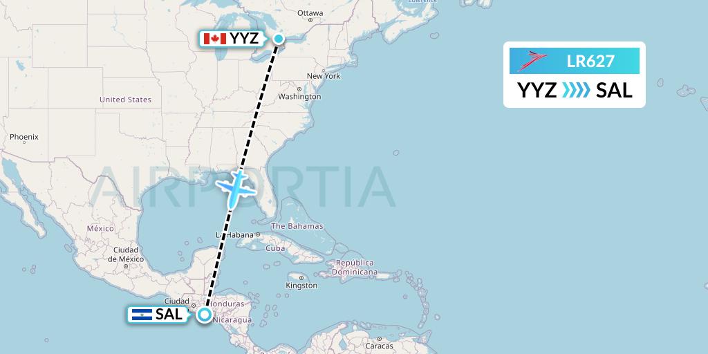 LR627 Lacsa Flight Map: Toronto to San Salvador
