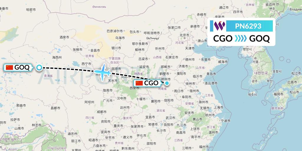 PN6293 China West Air Flight Map: Zhengzhou to Golmud