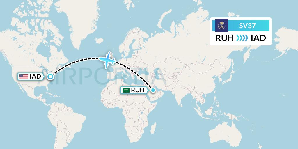SV37 Saudi Arabian Airlines Flight Map: Riyadh to Washington