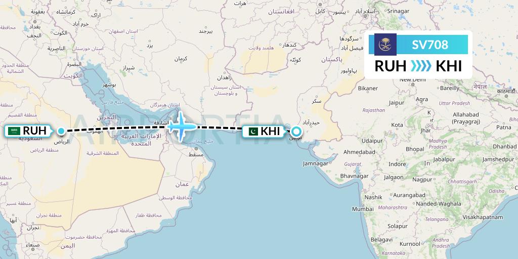 SV708 Saudi Arabian Airlines Flight Map: Riyadh to Karachi
