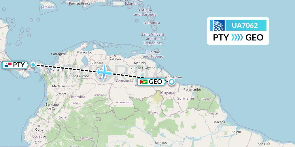 UA7062 United Airlines Flight Map: Panama City to Georgetown