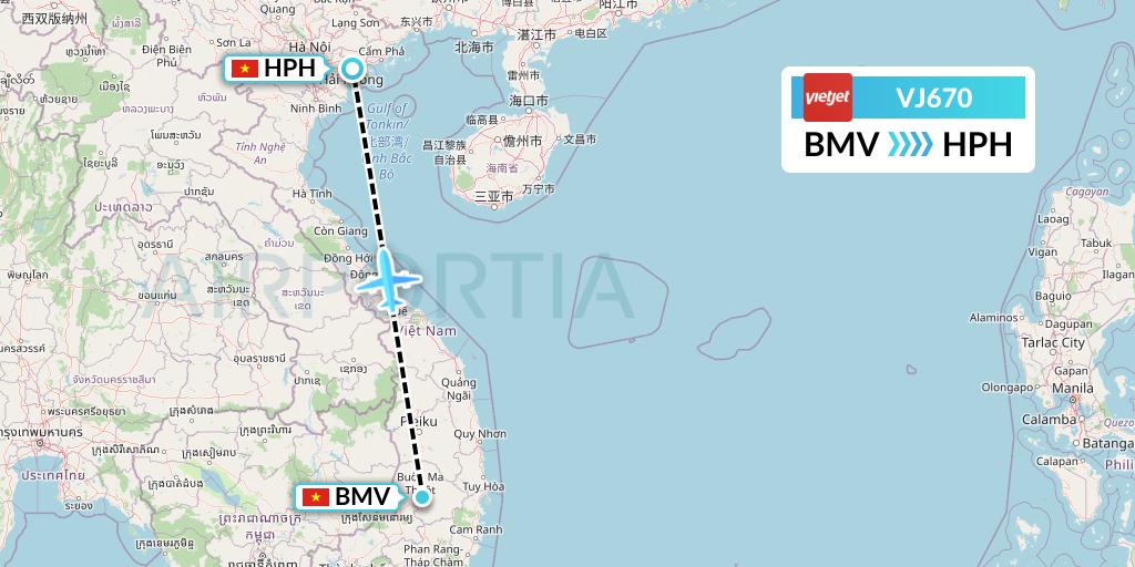 VJ670 VietJet Air Flight Map: Buon Ma Thuot to Haiphong