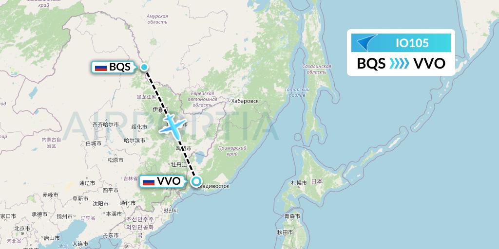 IO105 IrAero Flight Map: Blagoveshchensk to Vladivostok