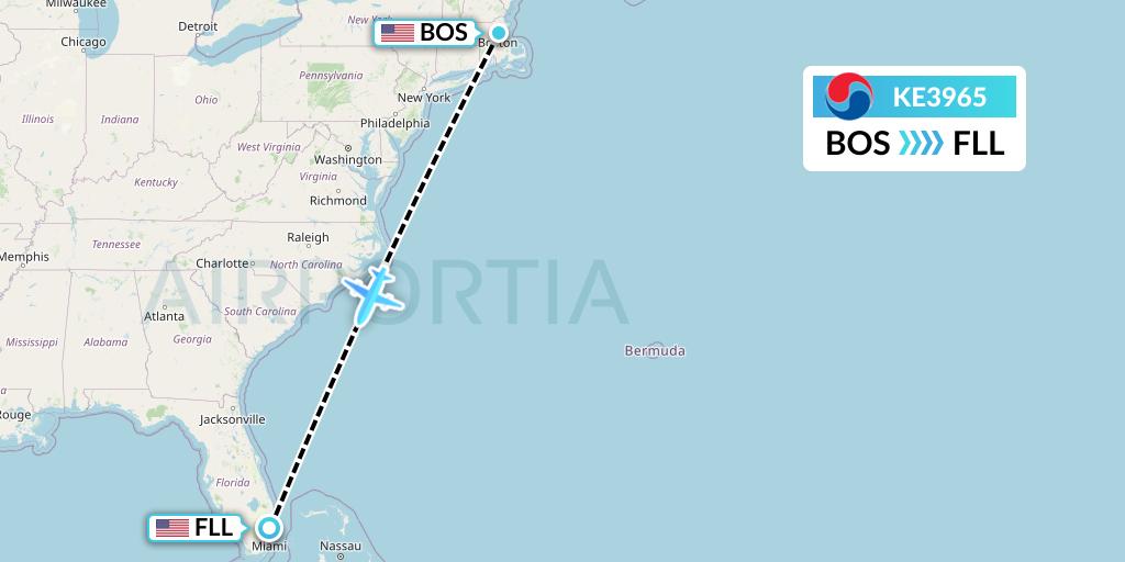 KE3965 Korean Air Flight Map: Boston to Fort Lauderdale