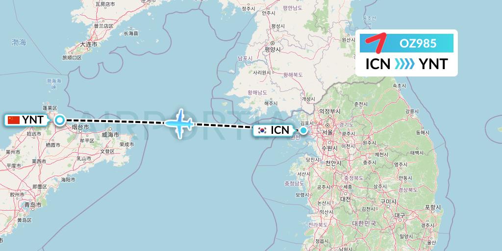 OZ985 Asiana Airlines Flight Map: Seoul to Yantai