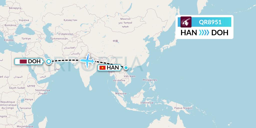 QR8951 Qatar Airways Flight Map: Hanoi to Doha