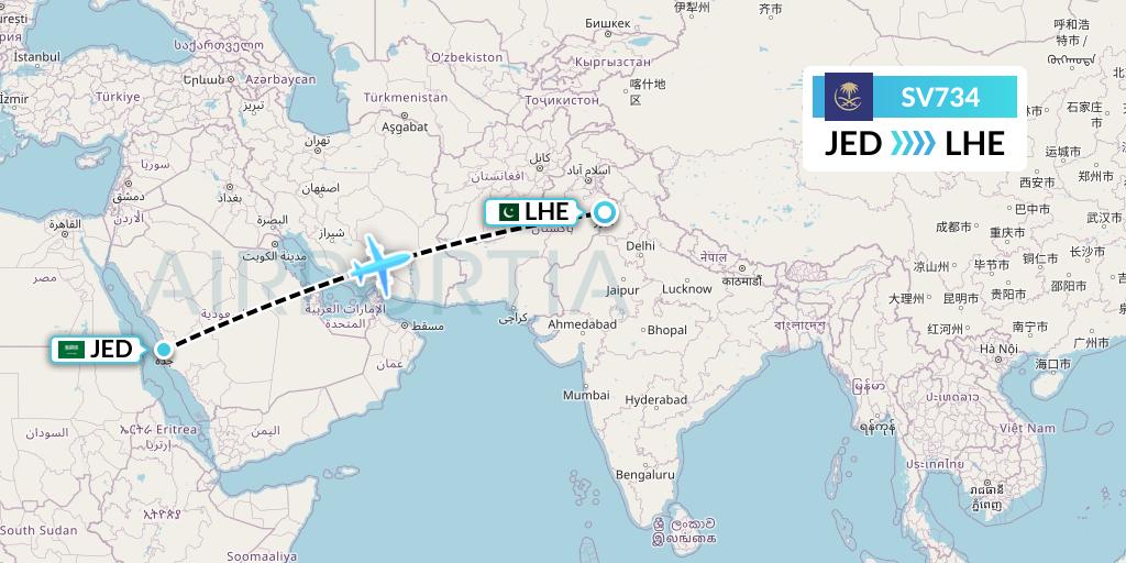 SV734 Saudi Arabian Airlines Flight Map: Jeddah to Lahore