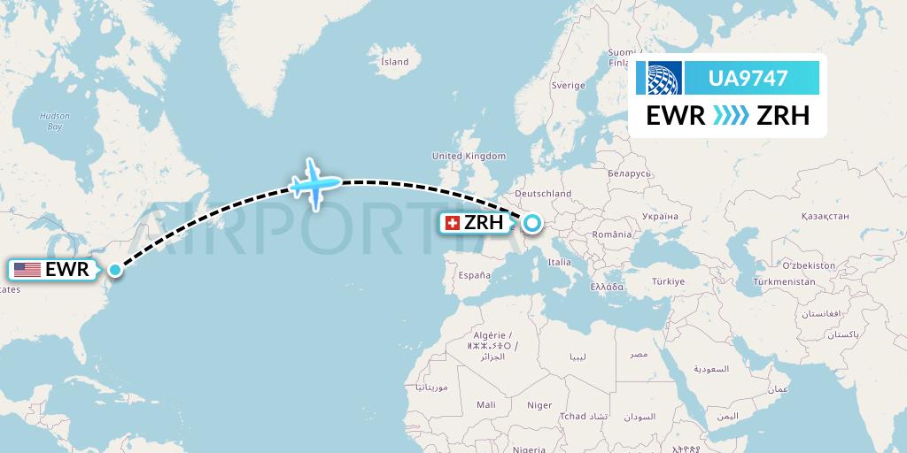 UA9747 United Airlines Flight Map: New York to Zurich