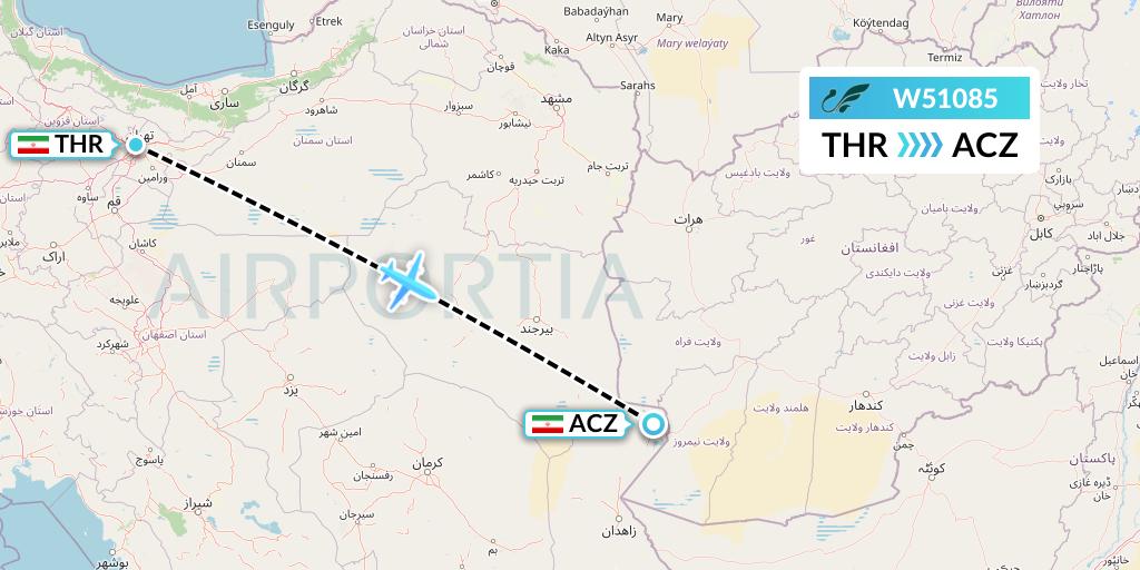 W51085 Mahan Air Flight Map: Tehran to Zabol