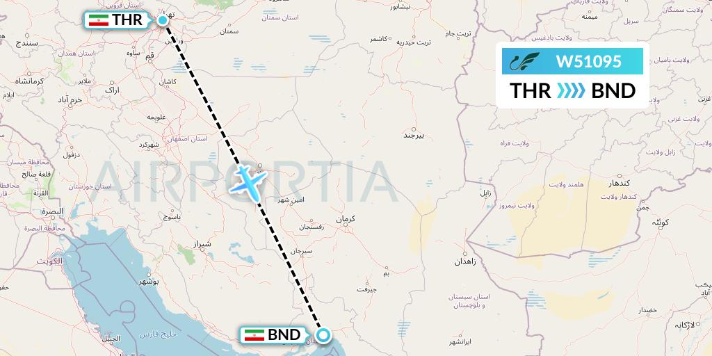 W51095 Mahan Air Flight Map: Tehran to Bandar Abbas