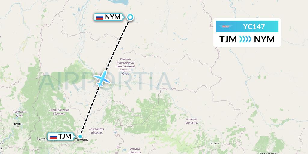 YC147 Yamal Airlines Flight Map: Tyumen to Nadym