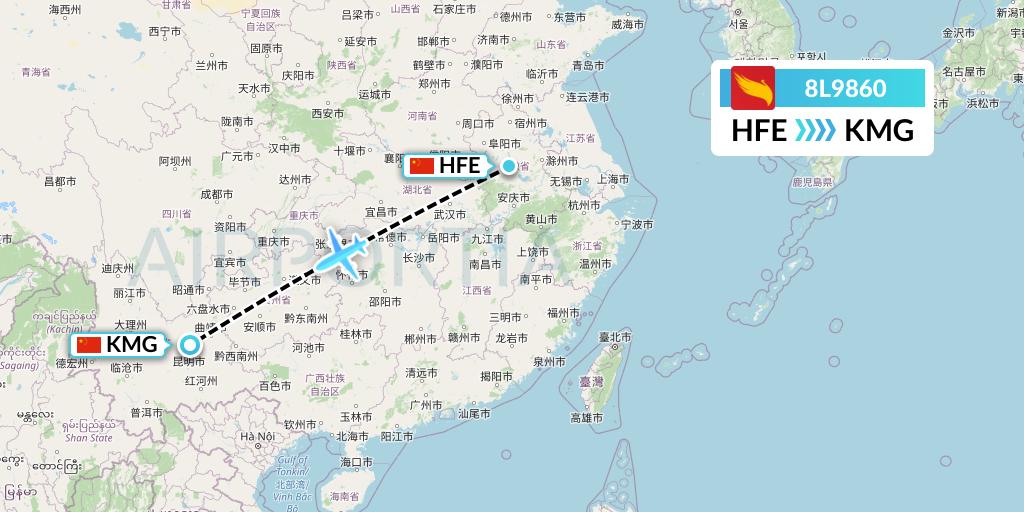 8L9860 Lucky Air Flight Map: Hefei to Kunming