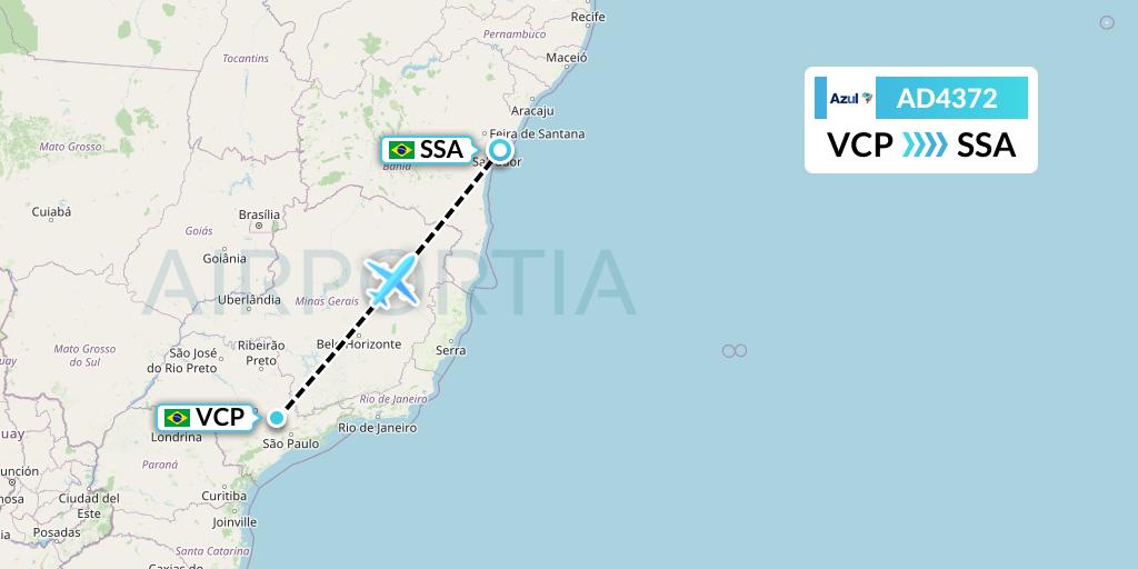 AD4372 Azul Brazilian Airlines Flight Map: Campinas to Salvador