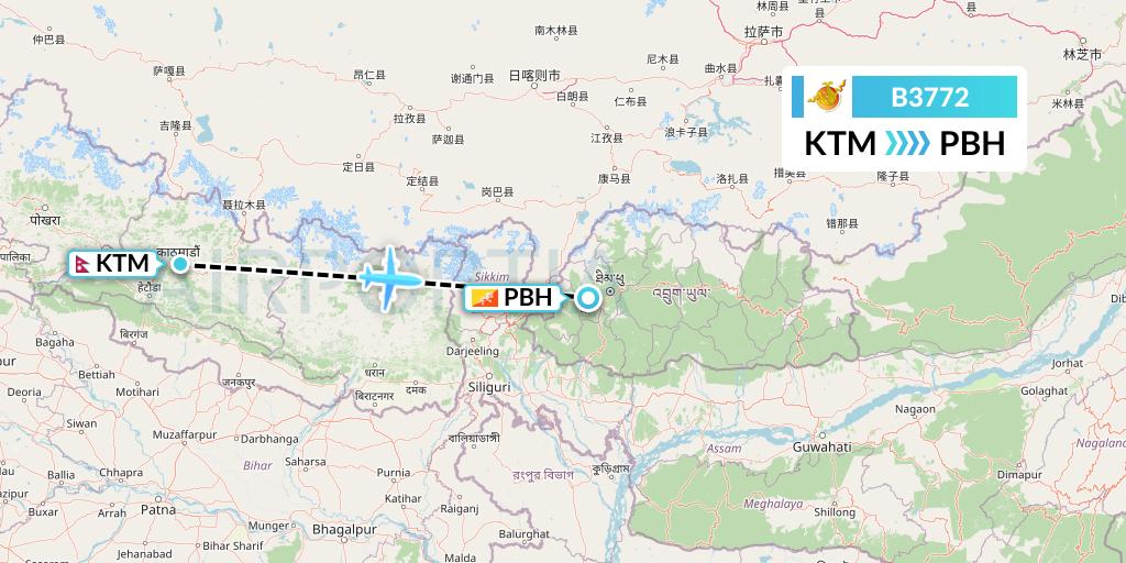 B3772 Bhutan Airlines Flight Map: Kathmandu to Paro