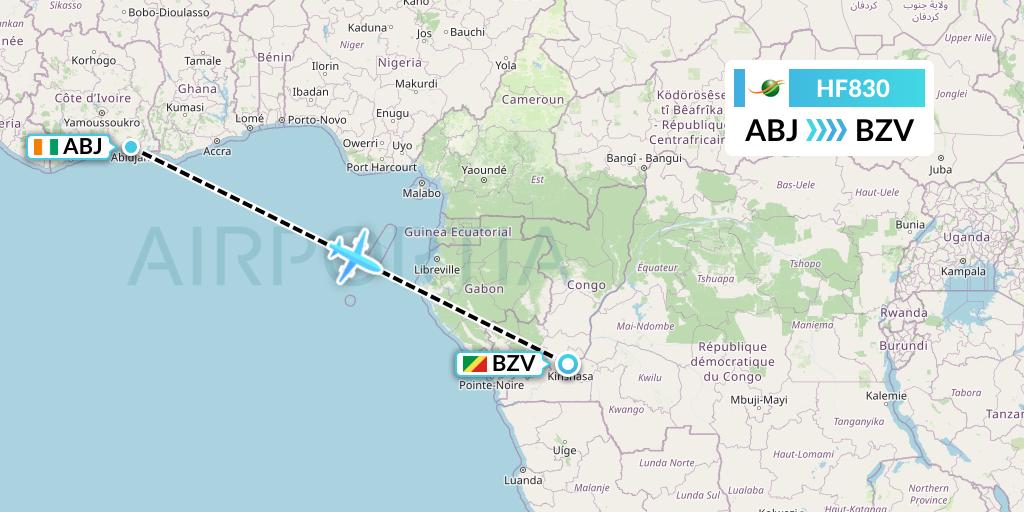 HF830 Air Cote d'Ivoire Flight Map: Abidjan to Brazzaville
