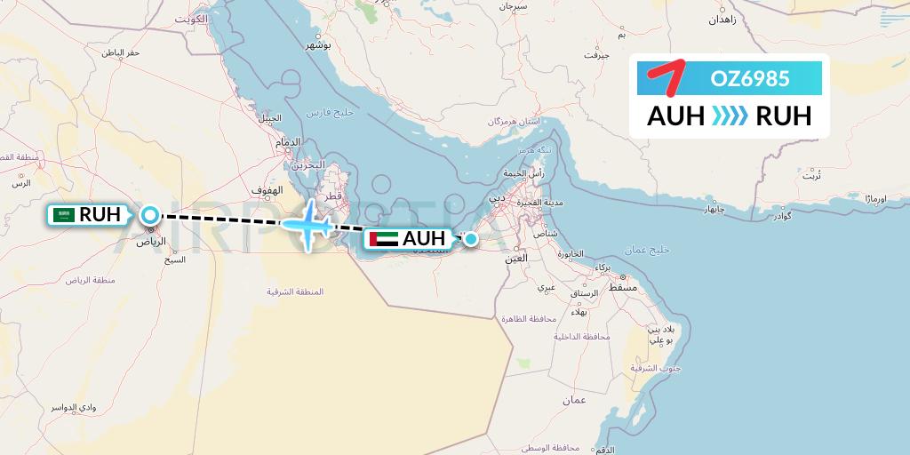OZ6985 Asiana Airlines Flight Map: Abu Dhabi to Riyadh