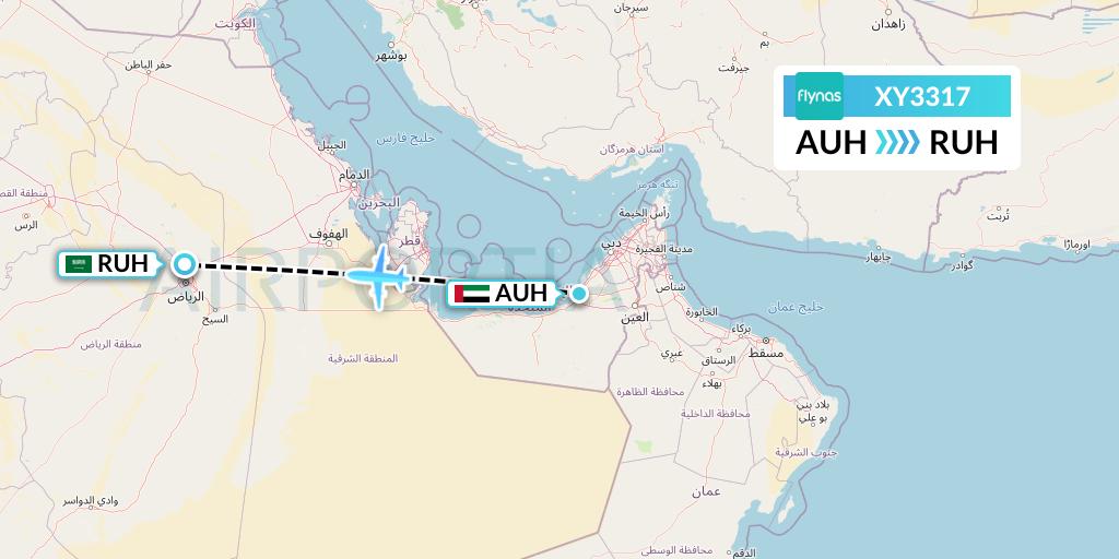 XY3317 Flynas Flight Map: Abu Dhabi to Riyadh