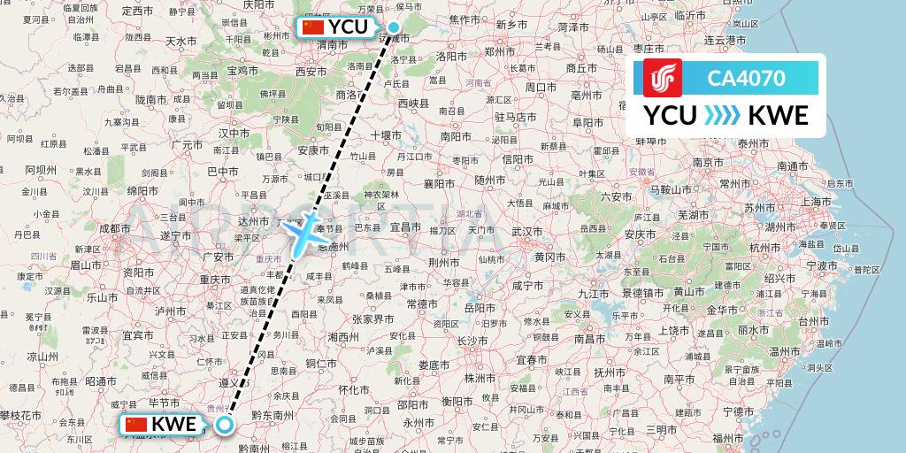 CA4070 Air China Flight Map: Yuncheng to Guiyang