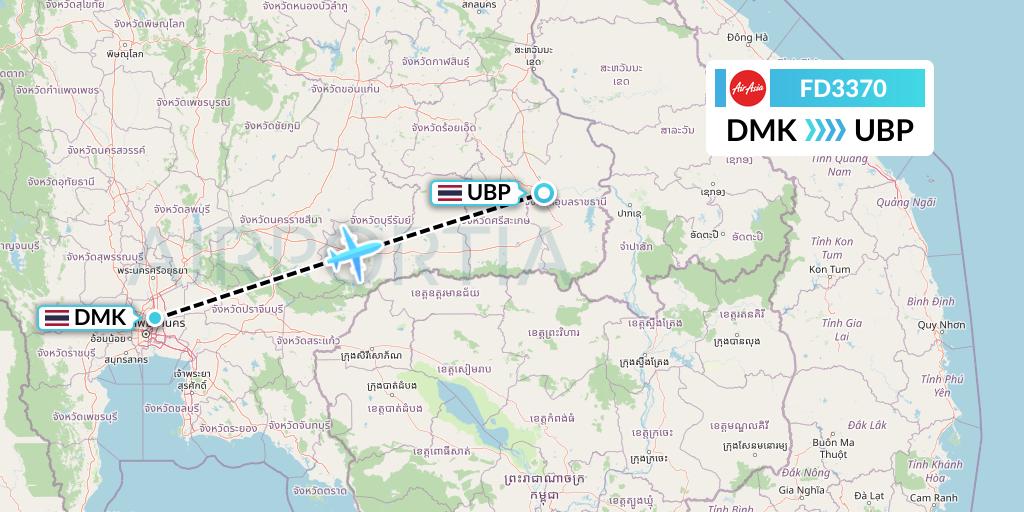 FD3370 Thai AirAsia Flight Map: Bangkok to Ubon Ratchathani