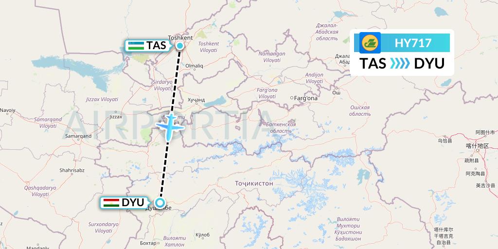 HY717 Uzbekistan Airways Flight Map: Tashkent to Dushanbe