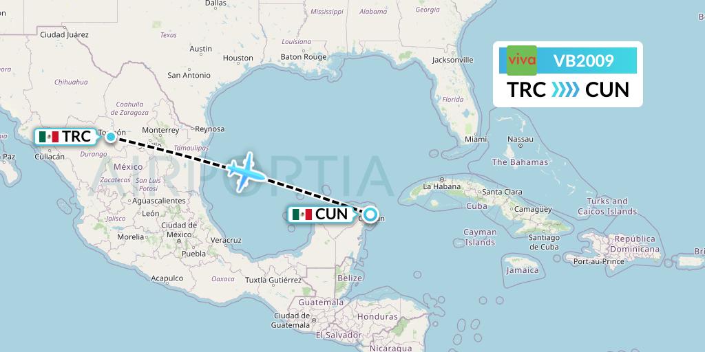 VB2009 VivaAerobus Flight Map: Torreon to Cancun