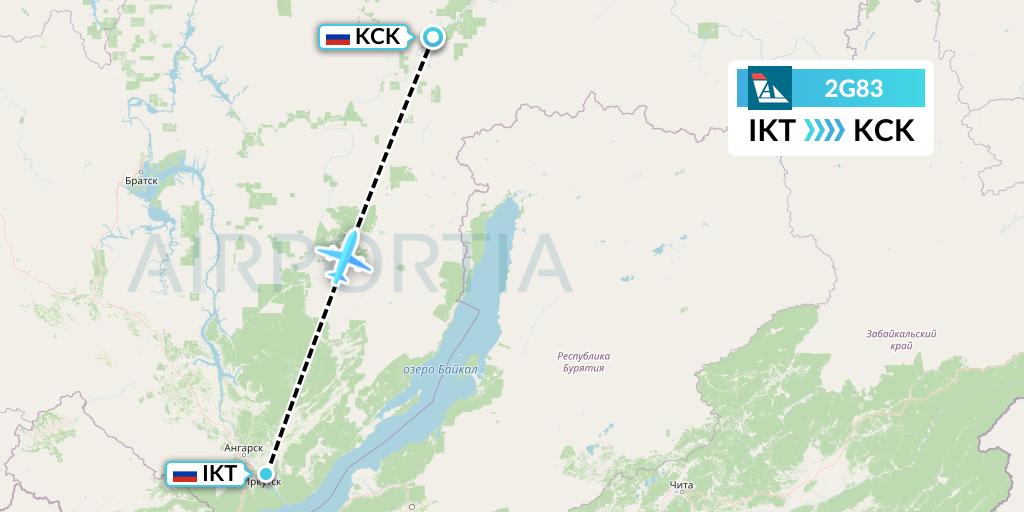 2G83 Angara Airlines Flight Map: Irkutsk to Kirensk