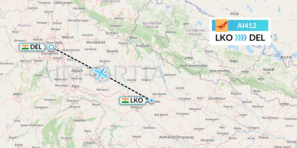 AI412 Air India Flight Map: Lucknow to Delhi