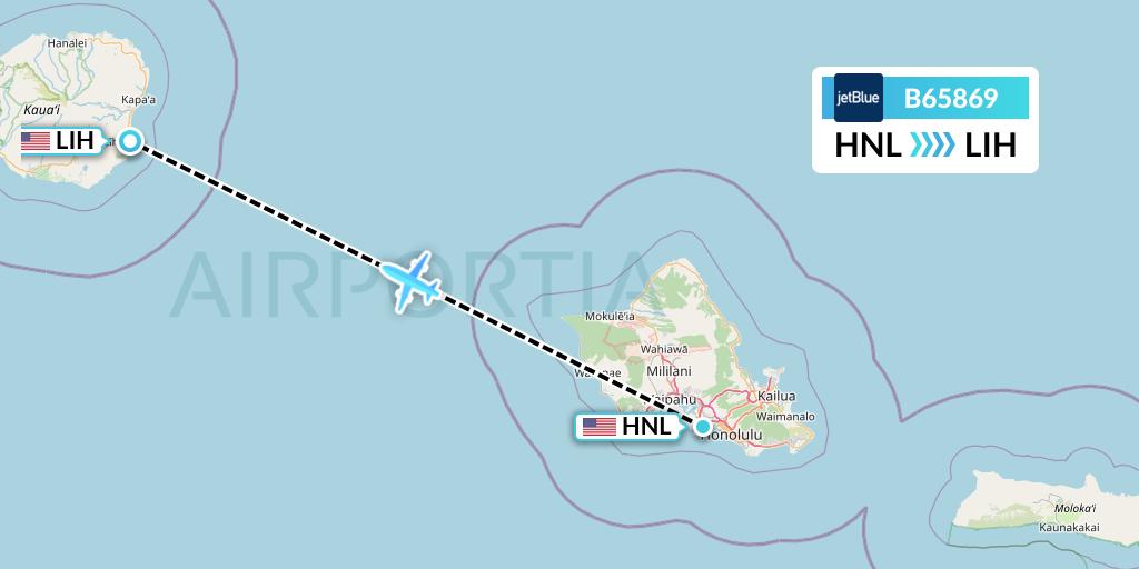 B65869 JetBlue Airways Flight Map: Honolulu to Lihue
