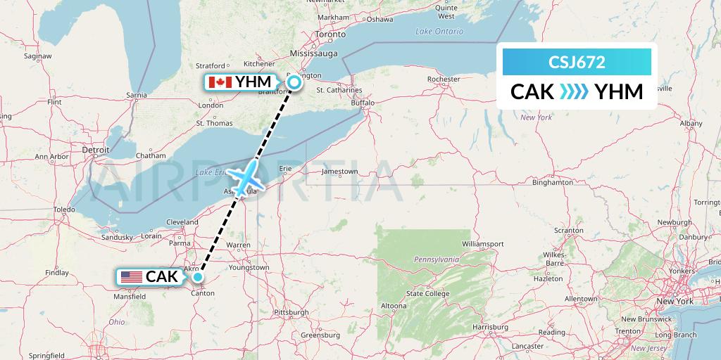 CSJ672 Castle Aviation Flight Map: Akron to Hamilton