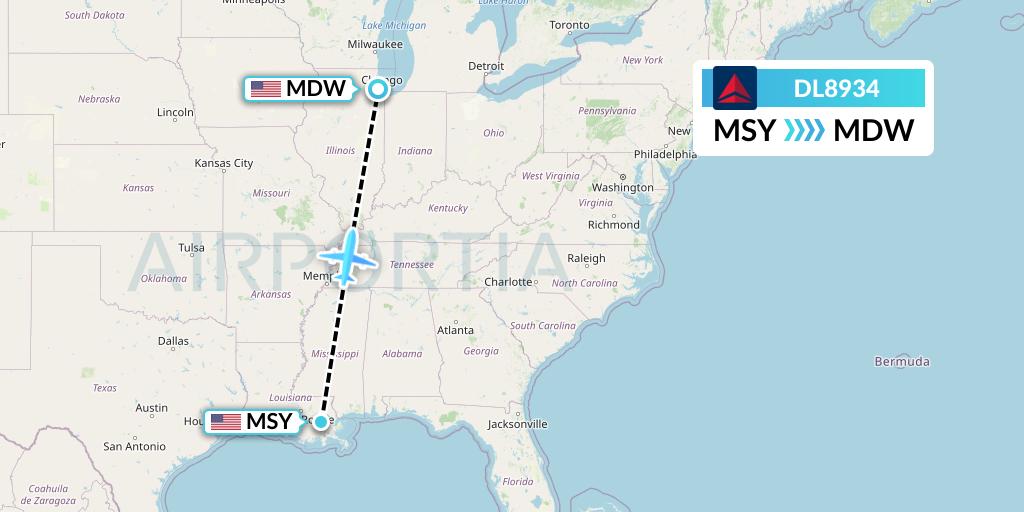 DL8934 Delta Air Lines Flight Map: New Orleans to Chicago