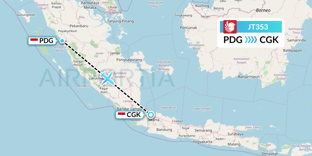 JT353 Lion Airlines Flight Map: Padang to Jakarta