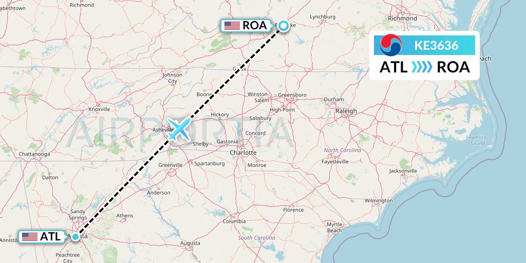 KE3636 Korean Air Flight Map: Atlanta to Roanoke