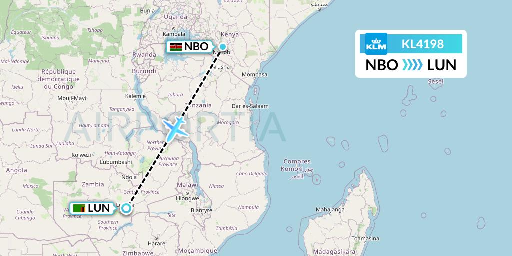 KL4198 KLM Flight Map: Nairobi to Lusaka