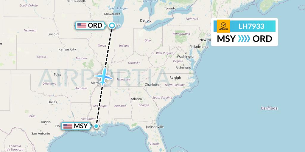 LH7933 Lufthansa Flight Map: New Orleans to Chicago