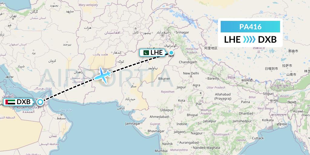 PA416 AirBlue Flight Map: Lahore to Dubai