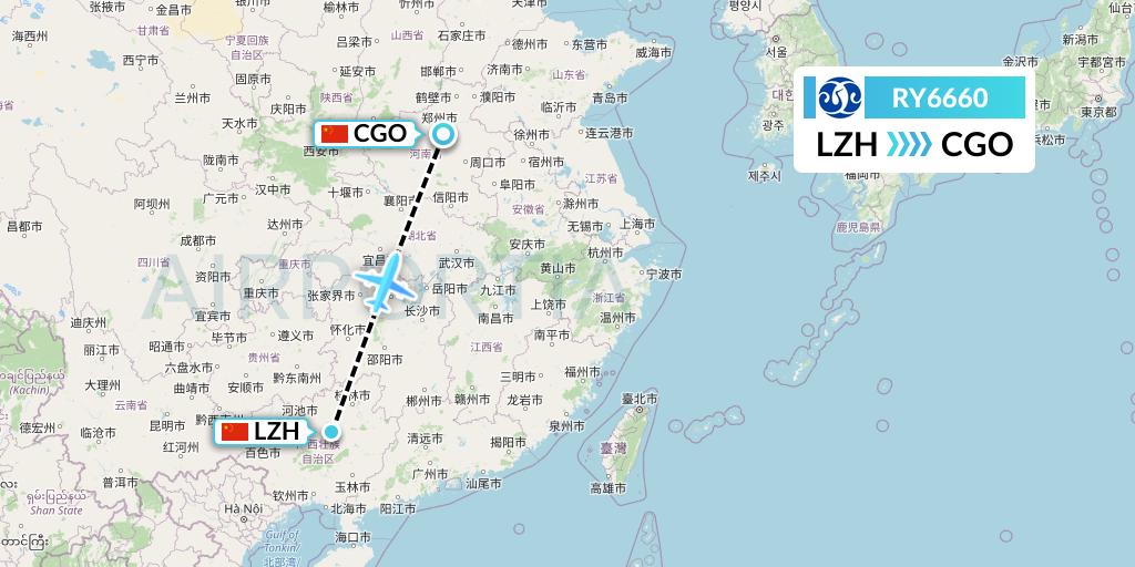 RY6660 Jiangxi Air Flight Map: Liuzhou to Zhengzhou