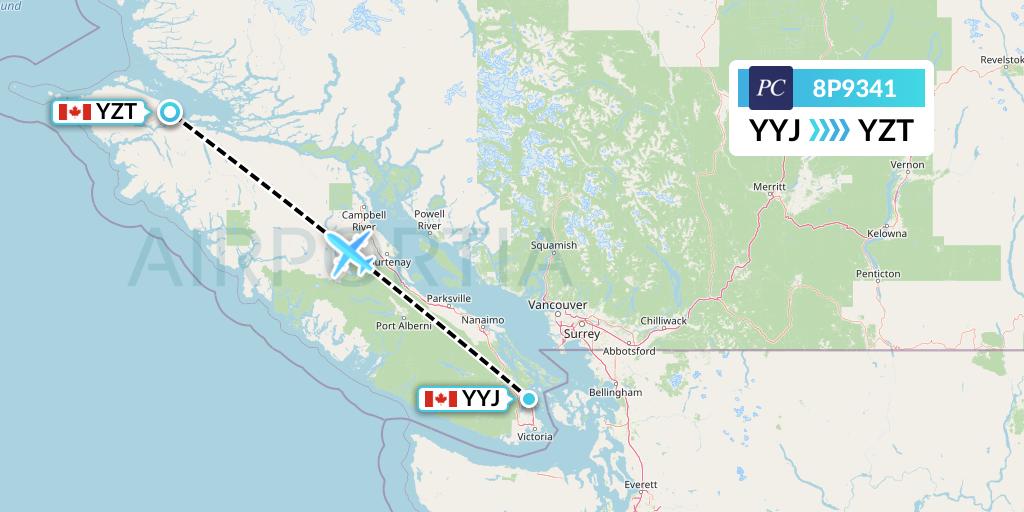 8P9341 Pacific Coastal Airlines Flight Map: Victoria to Port Hardy