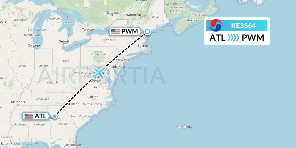 KE3564 Korean Air Flight Map: Atlanta to Portland