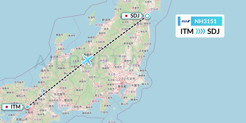 NH3151 All Nippon Airways Flight Map: Osaka to Sendai