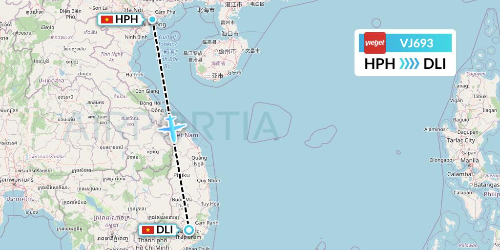 VJ693 VietJet Air Flight Map: Haiphong to Da Lat