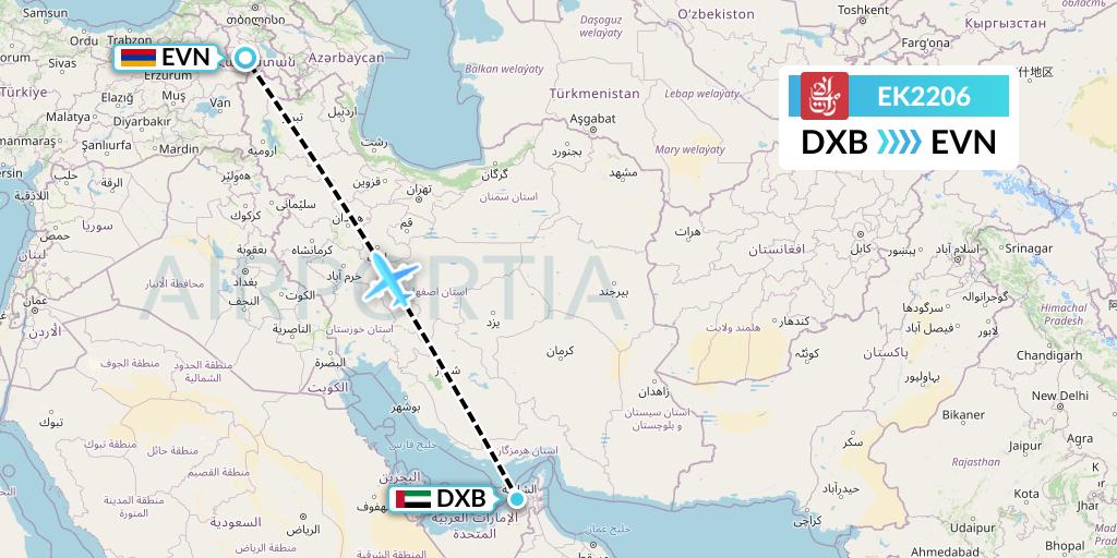 EK2206 Emirates Flight Map: Dubai to Yerevan