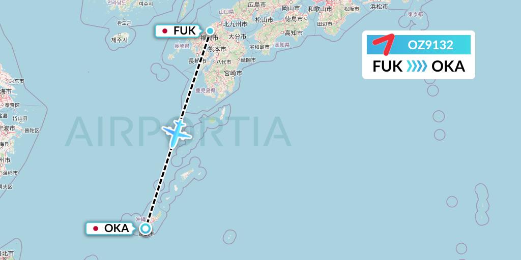 OZ9132 Asiana Airlines Flight Map: Fukuoka to Naha