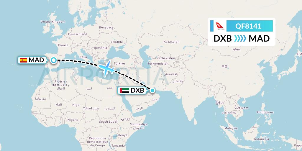 QF8141 Qantas Flight Map: Dubai to Madrid