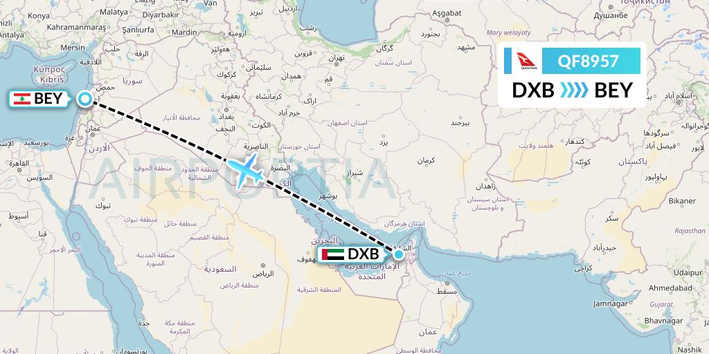 QF8957 Qantas Flight Map: Dubai to Beirut