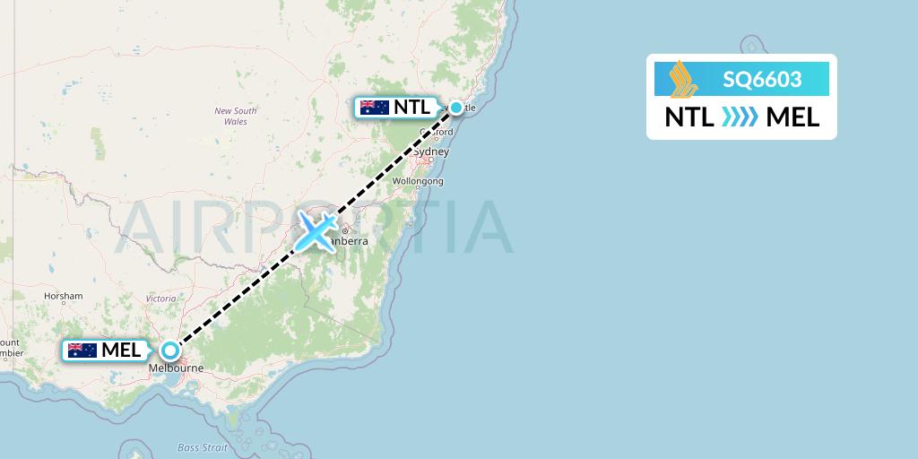 SQ6603 Singapore Airlines Flight Map: Newcastle to Melbourne