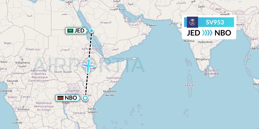 SV953 Saudi Arabian Airlines Flight Map: Jeddah to Nairobi