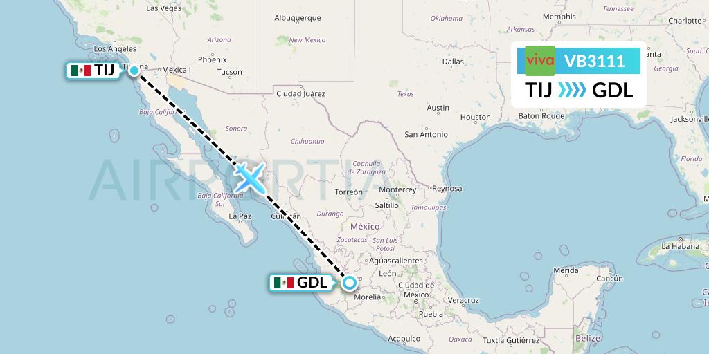 VB3111 VivaAerobus Flight Map: Tijuana to Guadalajara