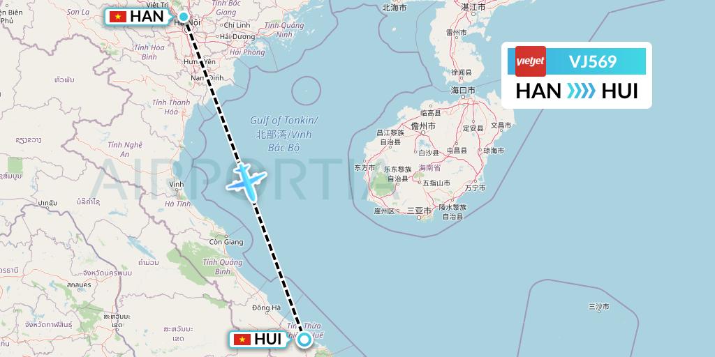 VJ569 VietJet Air Flight Map: Hanoi to Hue
