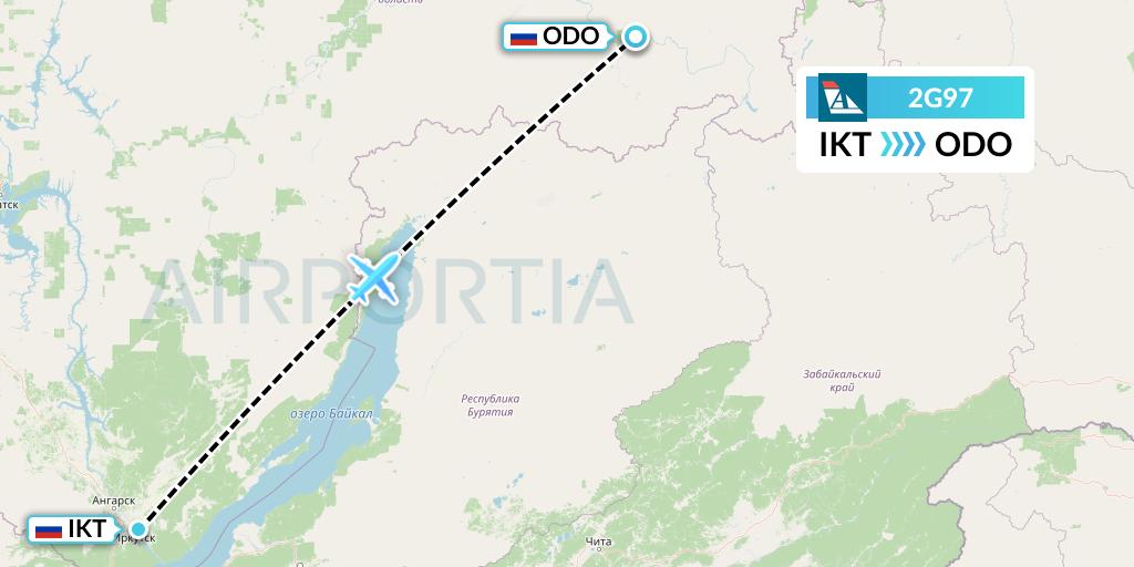 2G97 Angara Airlines Flight Map: Irkutsk to Bodaybo